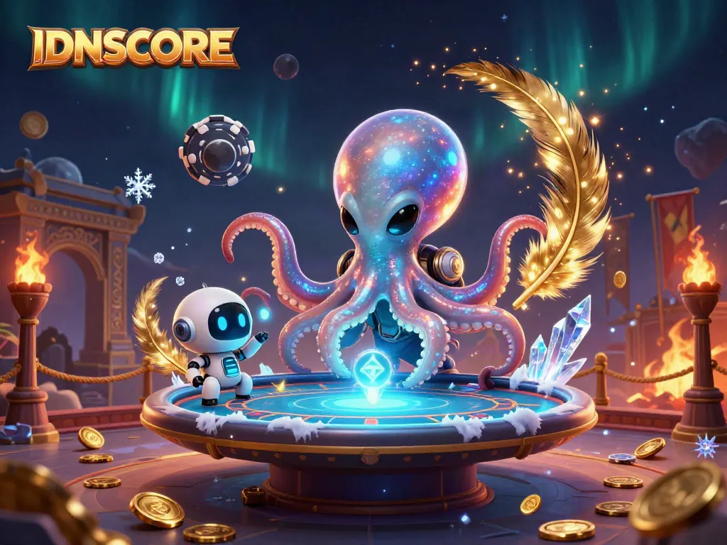 IDNSCORE showcases an alien octopus at a holographic poker table amidst cosmic elements and vivid details.