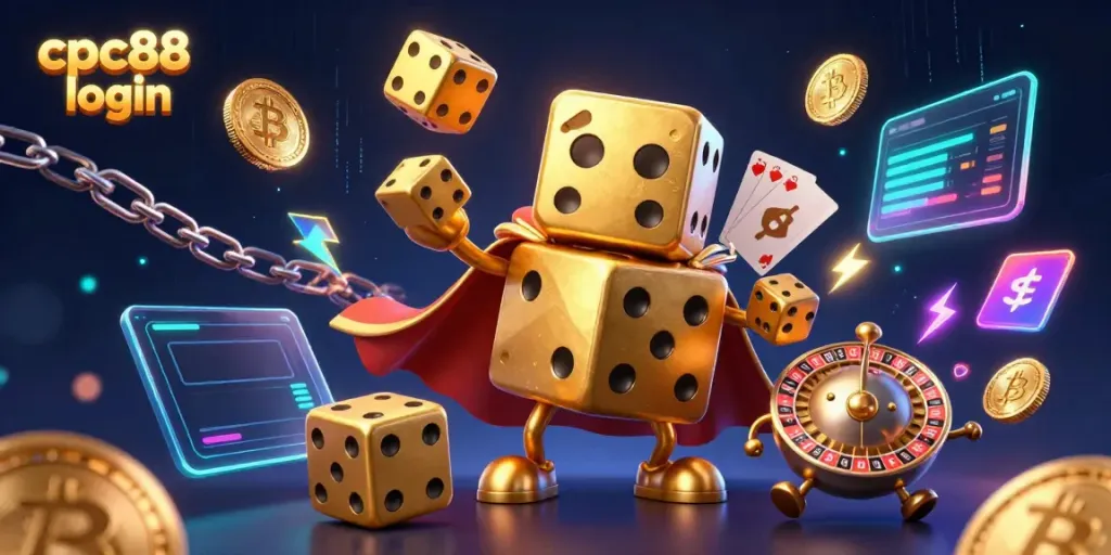 CPC88 login enables secure access to online casino games, featuring a vibrant illustration with golden dice and crypto elements.