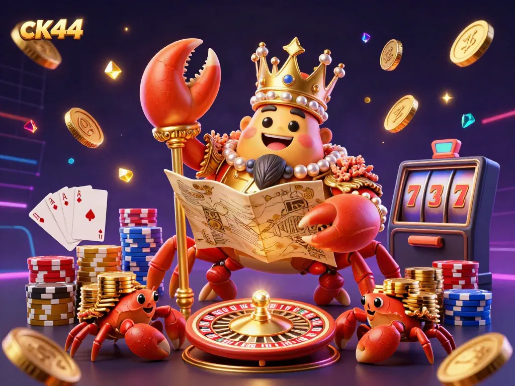Experience thrilling moments at ck44 with a golden crab emperor and vibrant casino elements depicting an exciting gaming atmosphere.
