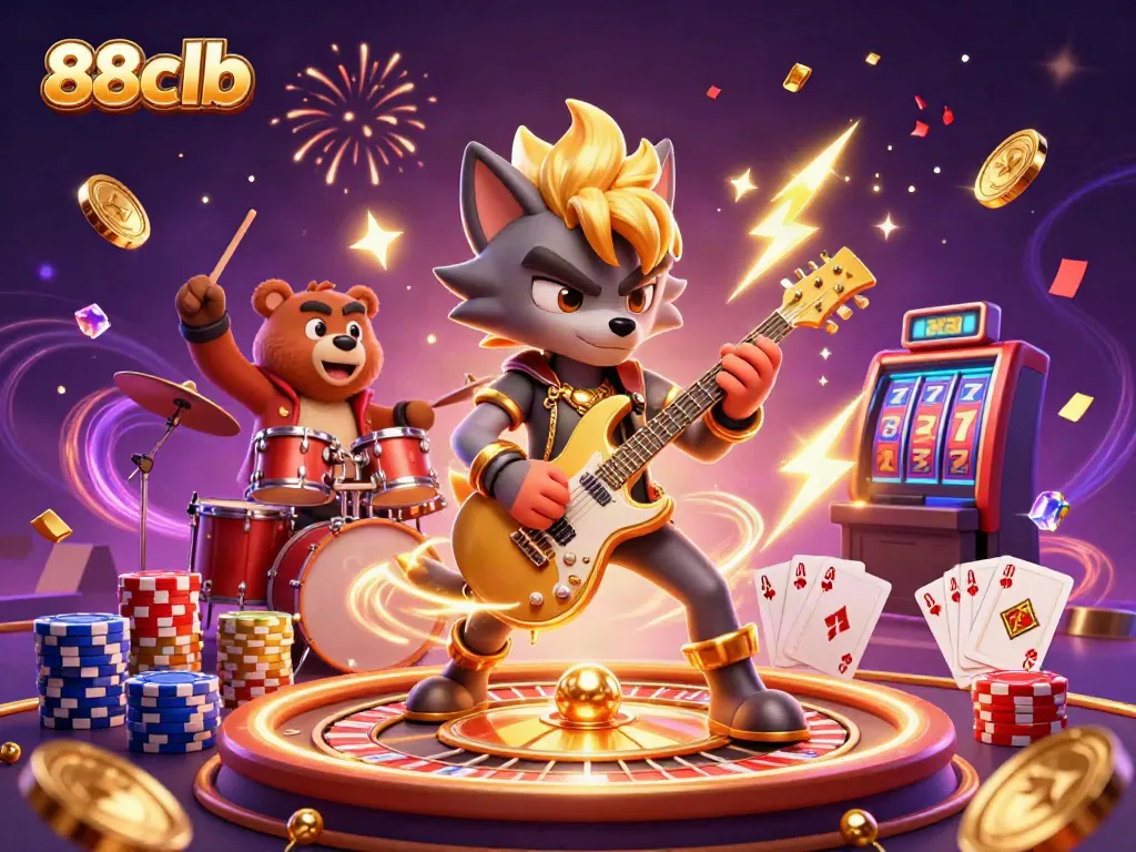 Experience the thrill of 88clb with dynamic casino illustrations featuring vibrant characters and game elements.
