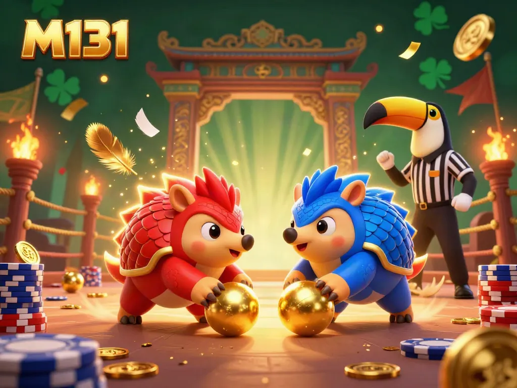 M131 pangolins compete in a vibrant casino scene with poker chips and golden confetti.