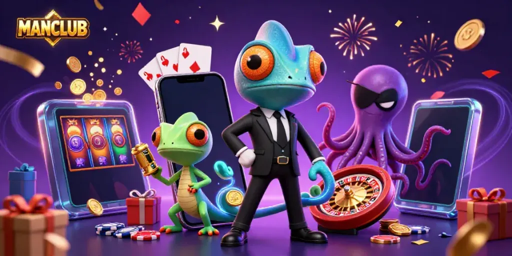 Engage with MANCLUB through an explosive 3D casino scene featuring thrilling slot elements and dynamic characters.