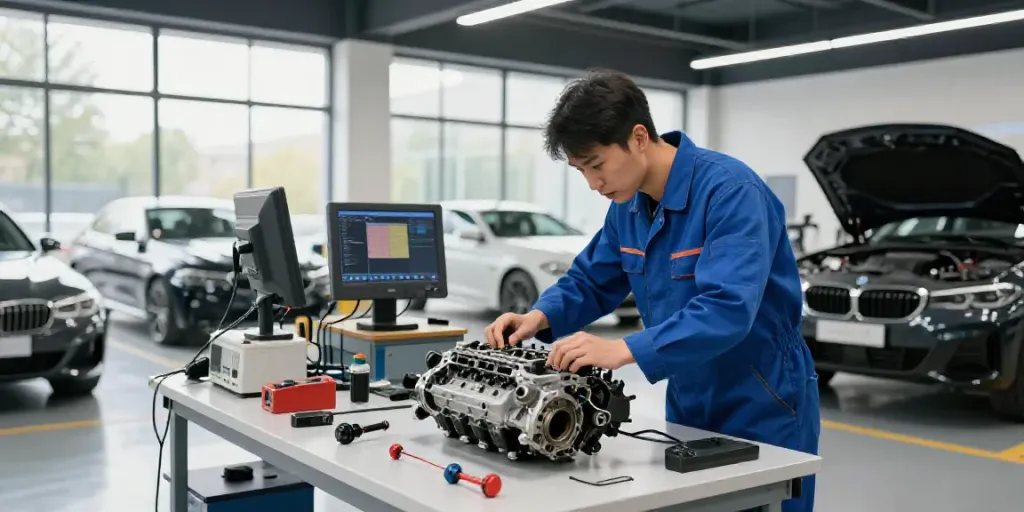 Professional BMW repair service at a workshop in Hannover showcasing skilled mechanics