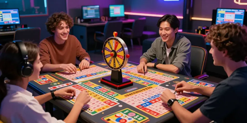 Lottery game scene at https://totobet.net/ with colorful tickets and enthusiastic players
