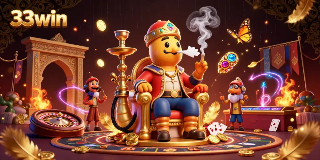 Engage in thrilling gambling at 33win with a vibrant 3D illustration showcasing a luxurious casino atmosphere.