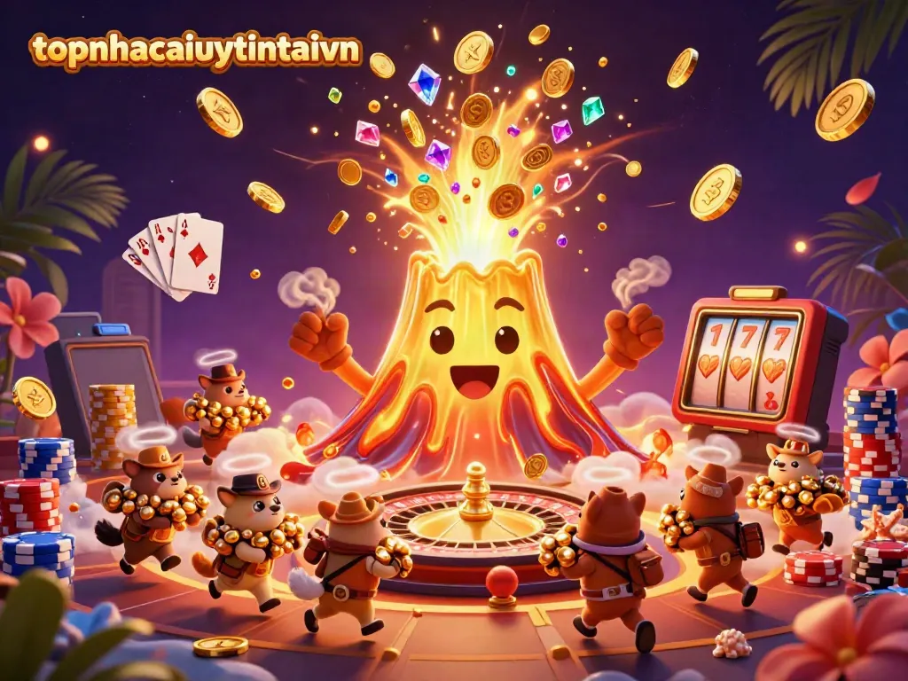 Experience thrilling wins at topnhacaiuytintaivn with a vibrant casino scene featuring a erupting volcano and treasure.