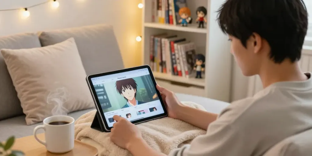 Scène de visionnage sur Senpai Stream, jeune adulte avec une tablette dans un environnement confortable.