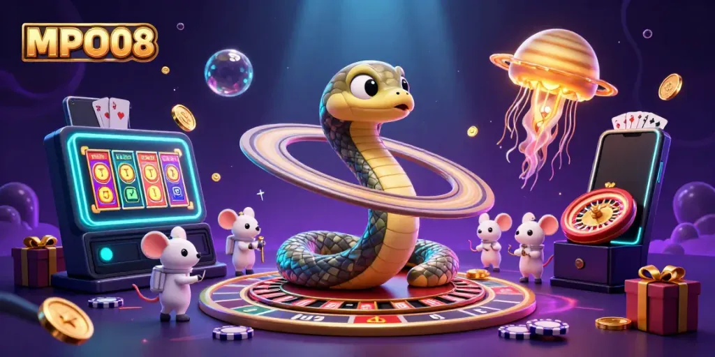 Bet on MPO08 with playful astronaut mice and a cosmic dealer in a vibrant casino-themed scene.