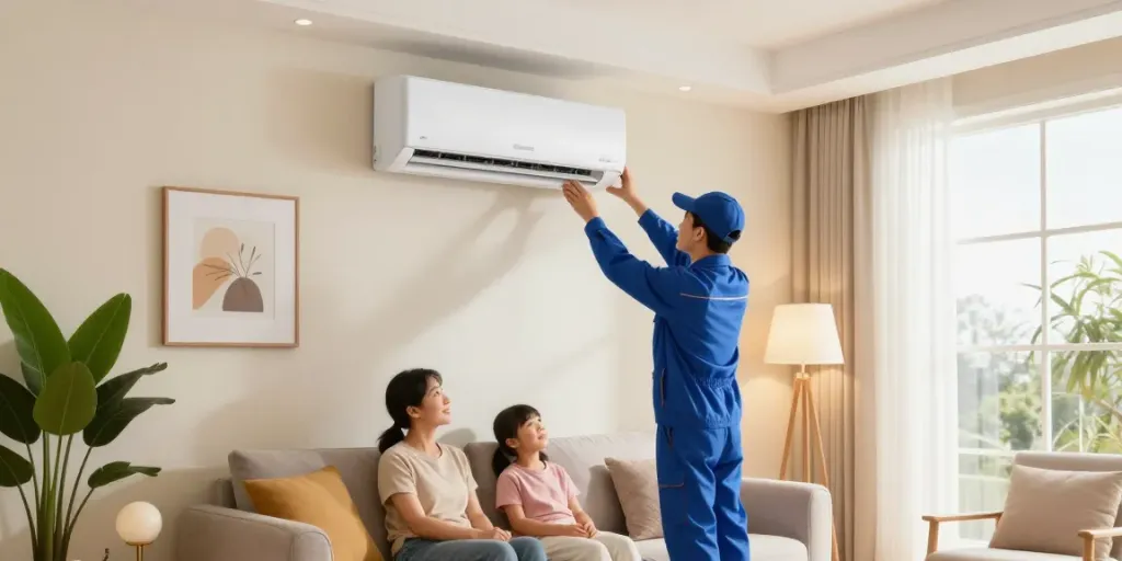 A technician installing a mini split of air conditioner in a modern living room with a family relaxing.