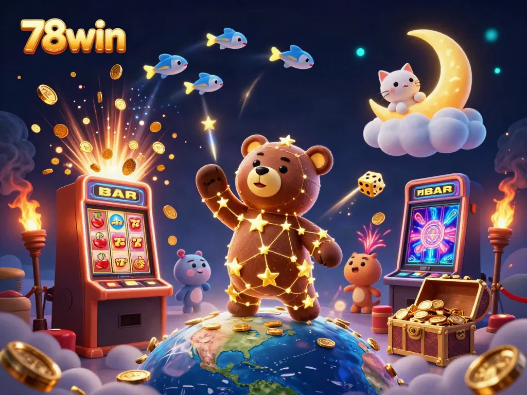 Experience 78win with a constellation bear scooping coins, surrounded by dynamic slot and casino elements.
