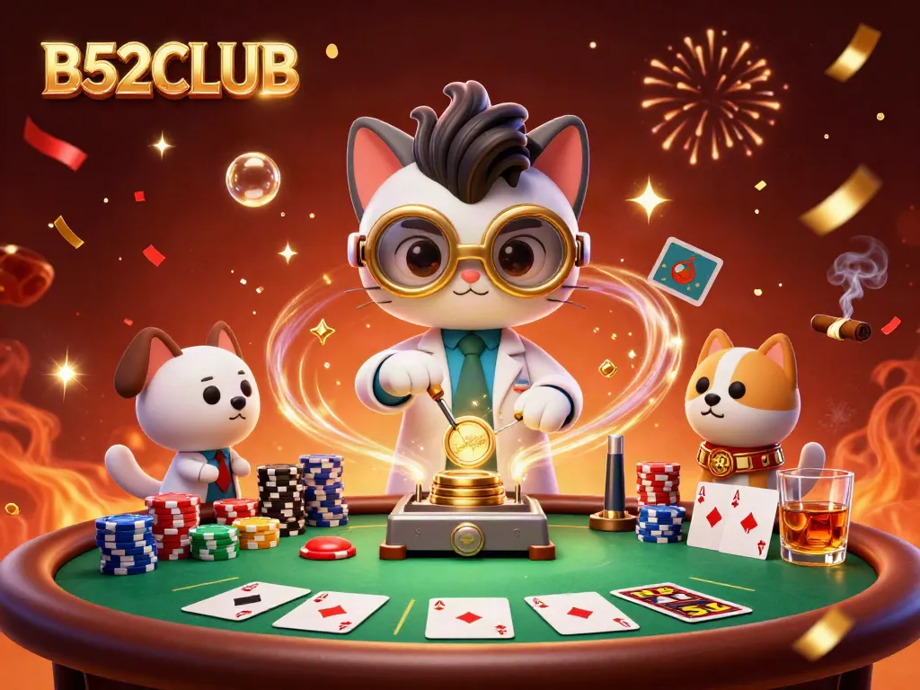B52CLUB captures the excitement of gambling with a mad scientist cat, poker elements, and a festive atmosphere.
