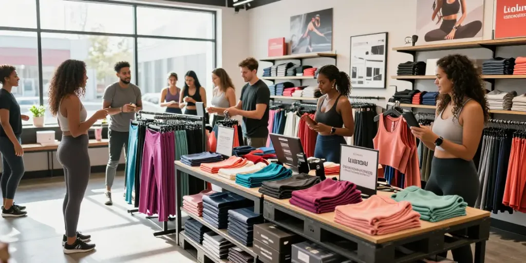 Lululemon liquidation pallets displayed in a vibrant retail setting, inviting shoppers to explore premium athletic wear.