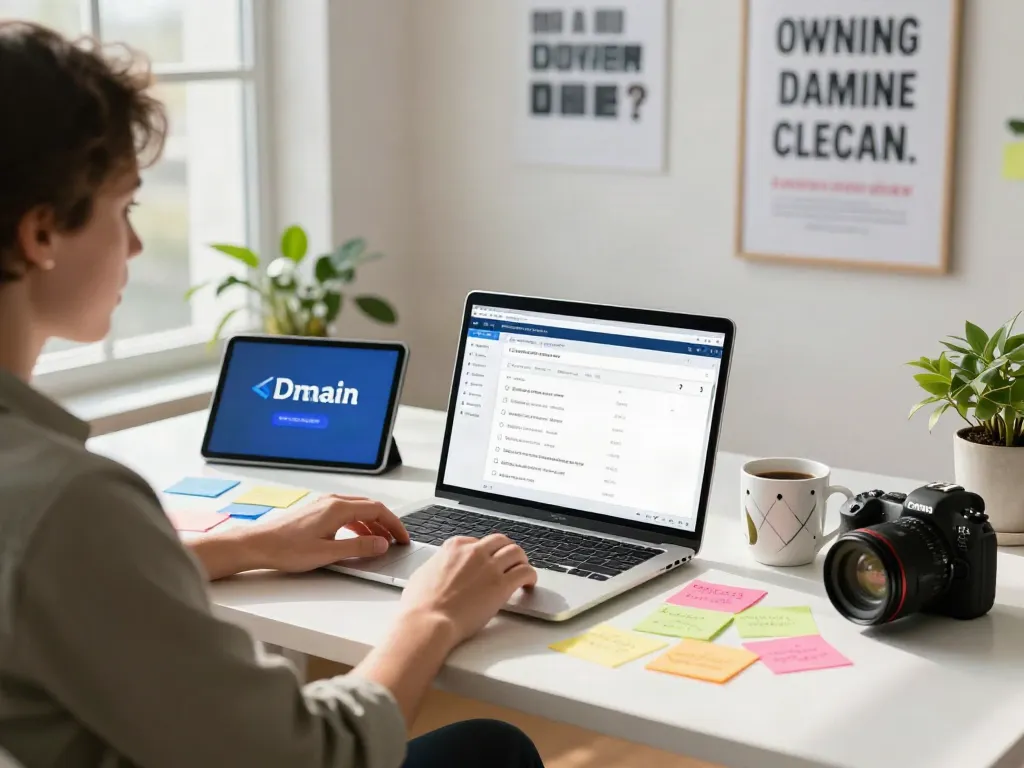 Person examining a domain name on a laptop in a bright workspace, reflecting the importance of your domain name.
