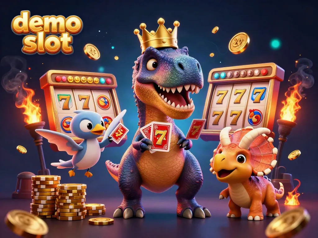 Engaging scene of a T-Rex and friends playing a demo slot game with animated elements, vibrant and dynamic.