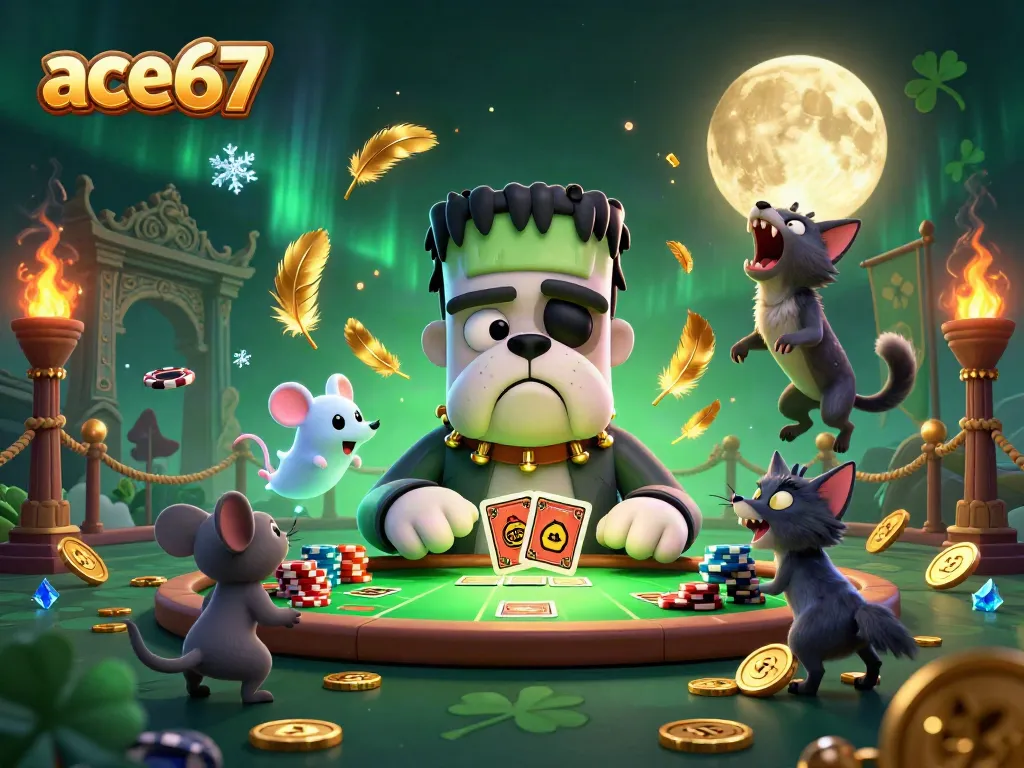 Experience exciting gameplay with ace67 at a haunted casino table filled with mystical characters.