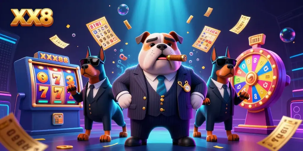 Engage with the dynamic XX8 slots experience featuring a mafia bulldog and bodyguard Dobermans amid colorful gaming elements.