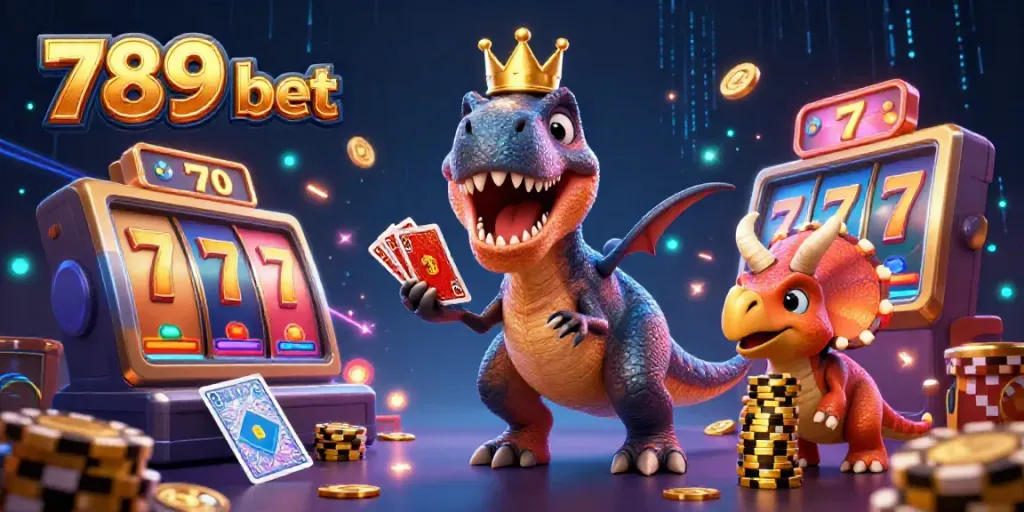 Experience the excitement of 789 bet with a vibrant illustration of casino-themed dinosaurs playing card games.