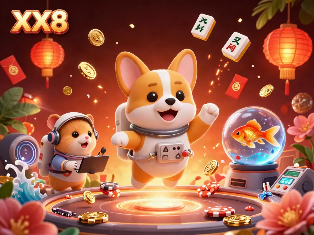 Engage with the vibrant XX8 online casino atmosphere featuring a cheerful astronaut corgi and dynamic gaming elements.