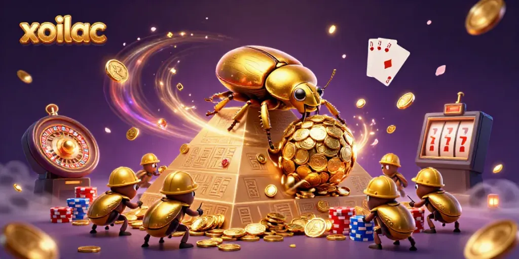 Experience exciting wins with xoilac as golden beetles navigate a vibrant casino pyramid scene.