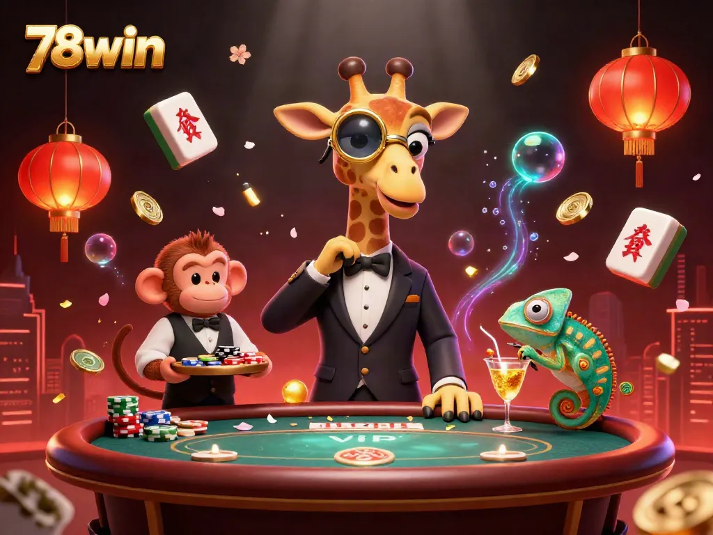 Experience vibrant gaming adventures at 78win with high-roller characters and festive decor.