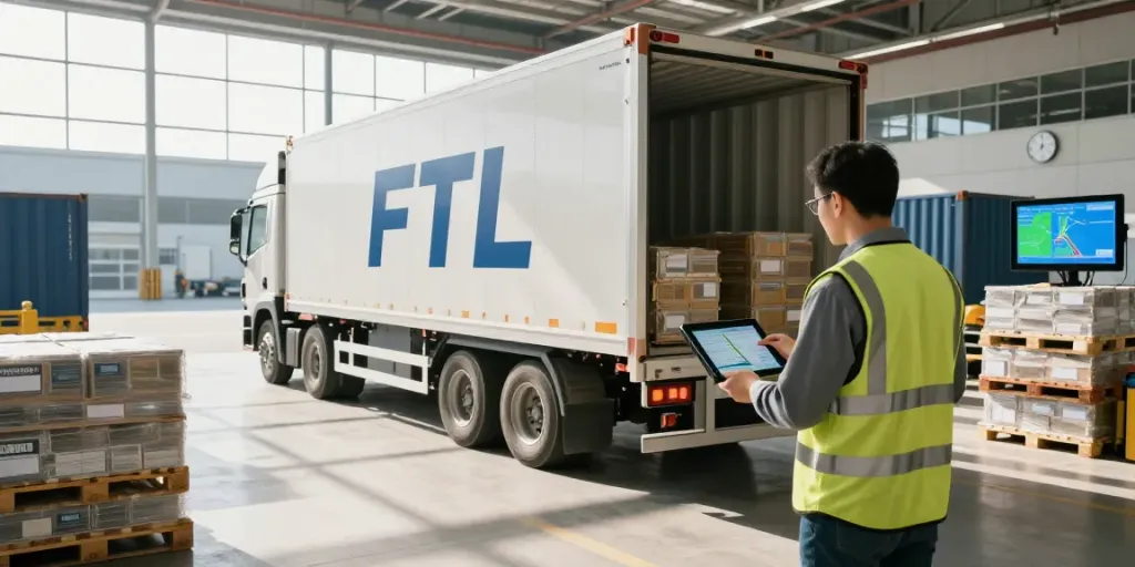 Komplettladung Spedition - LKW mit Fracht im modernen Logistikzentrum, effizienter Transportprozess im Fokus.