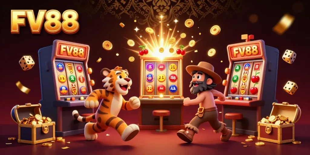 Experience thrilling jackpots at FV88 with a lively depiction of a 3D casino featuring playful characters and soaring coins.