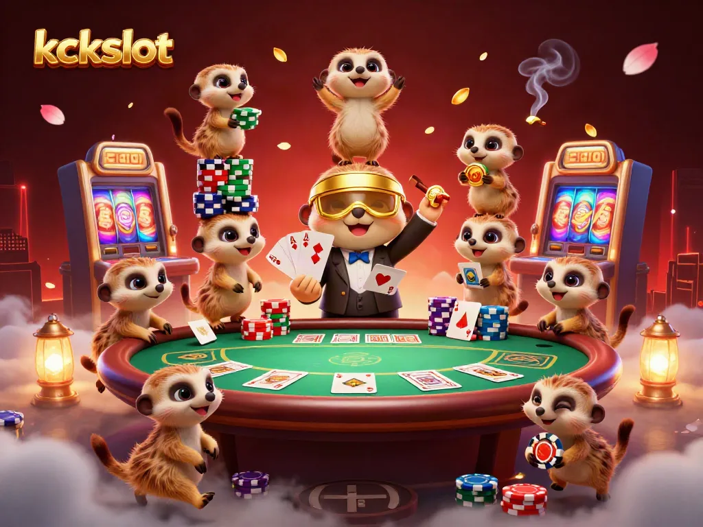 Meerkat memimpin permainan kasino online di kckslot dengan chip warna-warni dan suasana meriah.