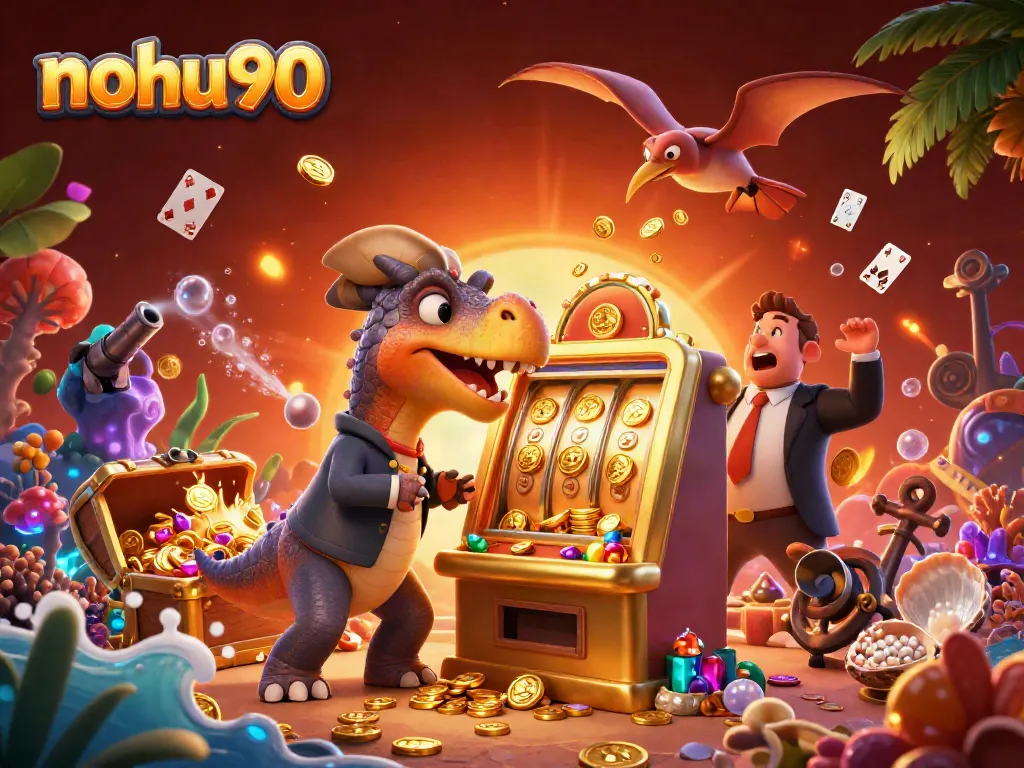 Experience thrilling jackpots with nohu90 as cartoon characters celebrate wins amidst vibrant casino elements.