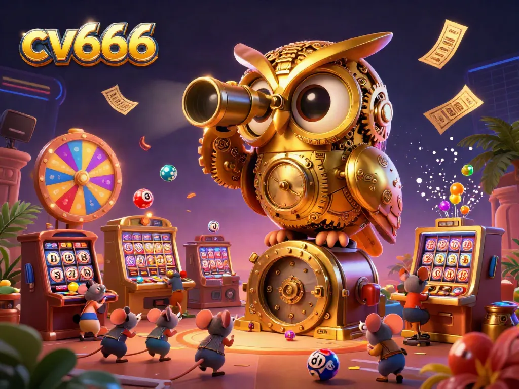 Experience cv666's vibrant casino scene with a clockwork owl and lively patrons amidst a dynamic gaming atmosphere.