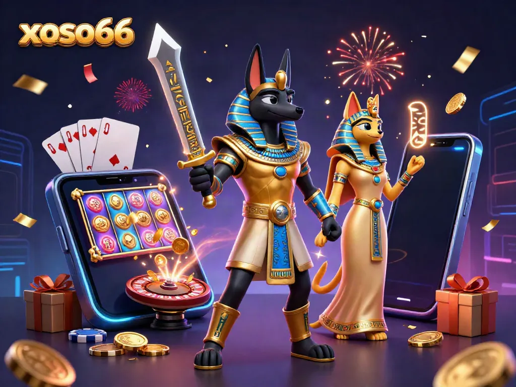 Experience thrilling gameplay at xoso66 with Anubis and Bastet surrounded by casino elements.