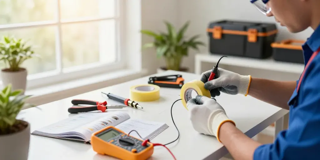 Technician using Super33 Daftar electrical tape in a modern workspace