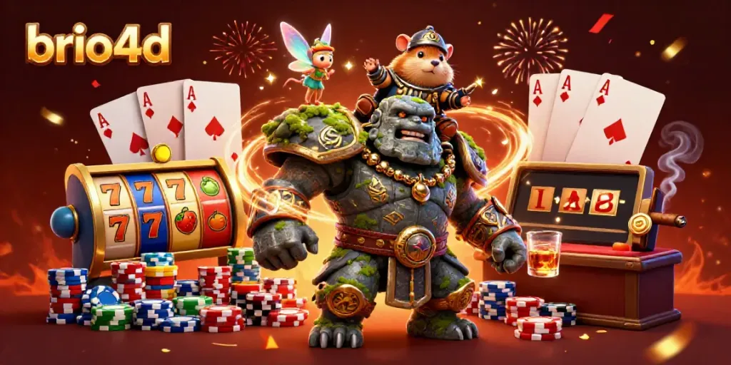 Celebrate big wins with brio4d in a vibrant casino scene featuring a golem and magical elements.