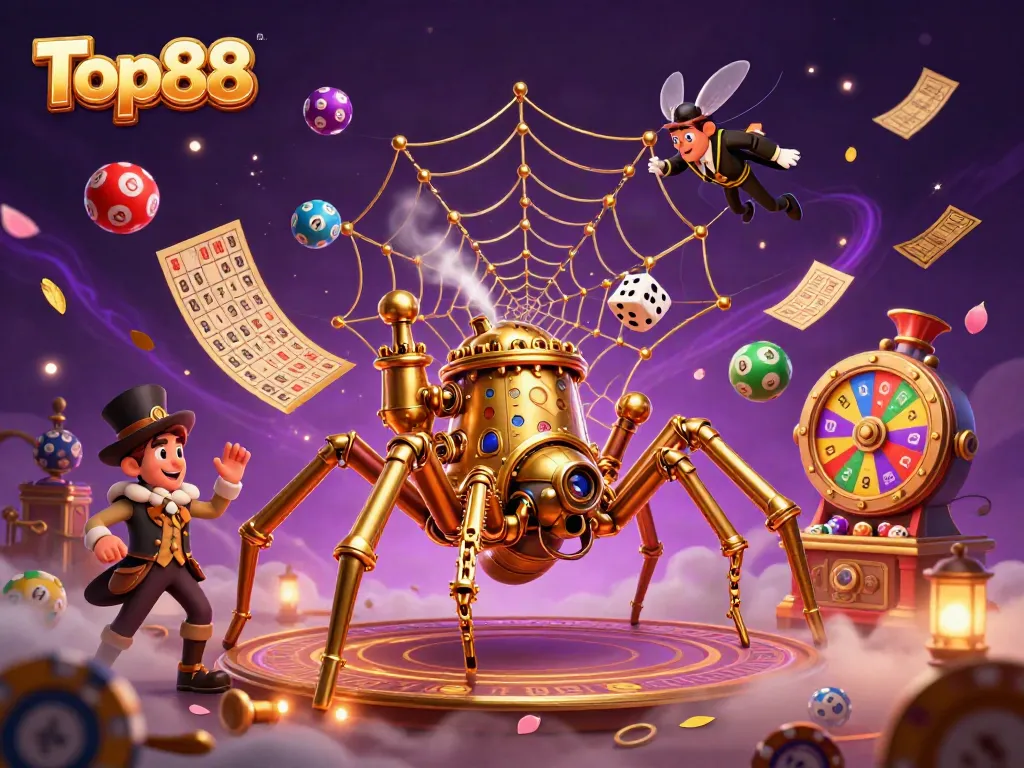 Engage in the vibrant world of Top88 with a dynamic 3D illustration showcasing interactive casino elements.