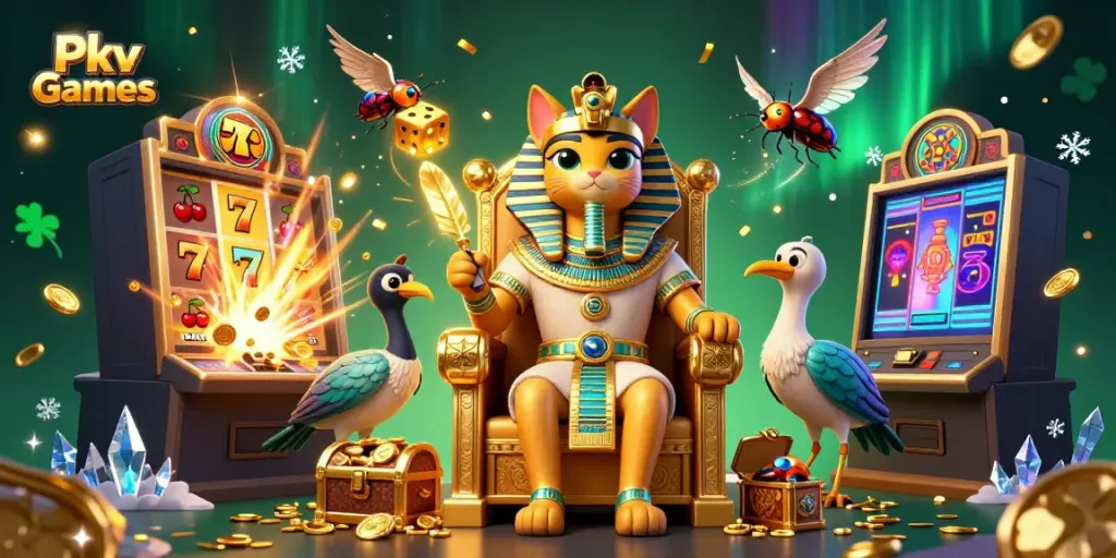 Experience exciting Pkv Games with a dynamic casino scene featuring a pharaoh cat and jackpot elements.